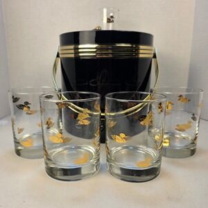 VTG Georges Briard Ice Bucket Brass Duck Finial Glasses Set Barware Insulated